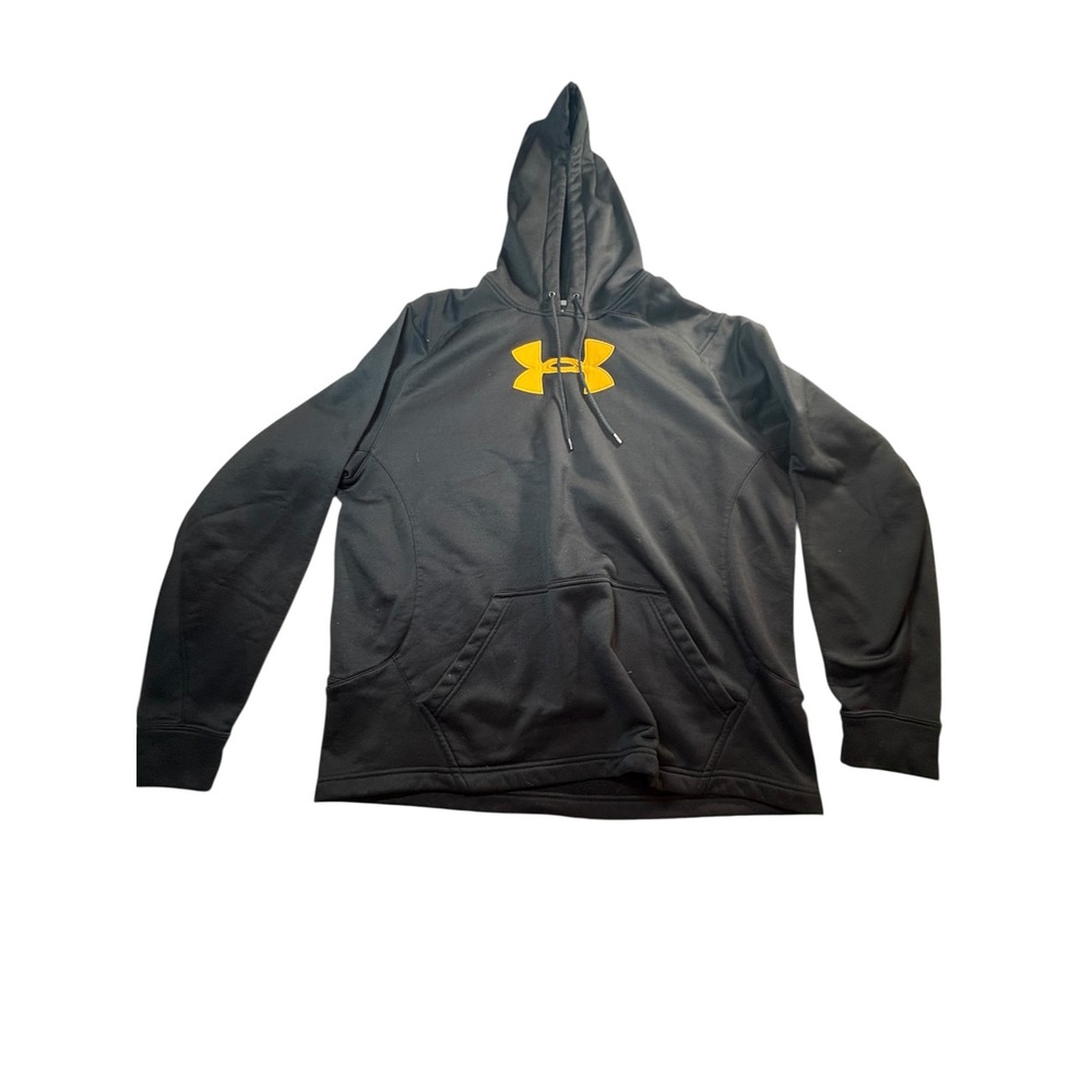 Under Armour Hoodie Mens L Black Excellent Big Logo Pullover Fleece Sweatshirt